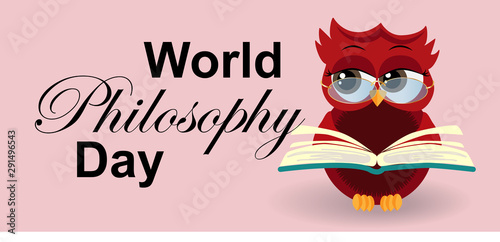 World Philosophy Day. Smart owl on stack of books, open book and lettering on blue background.