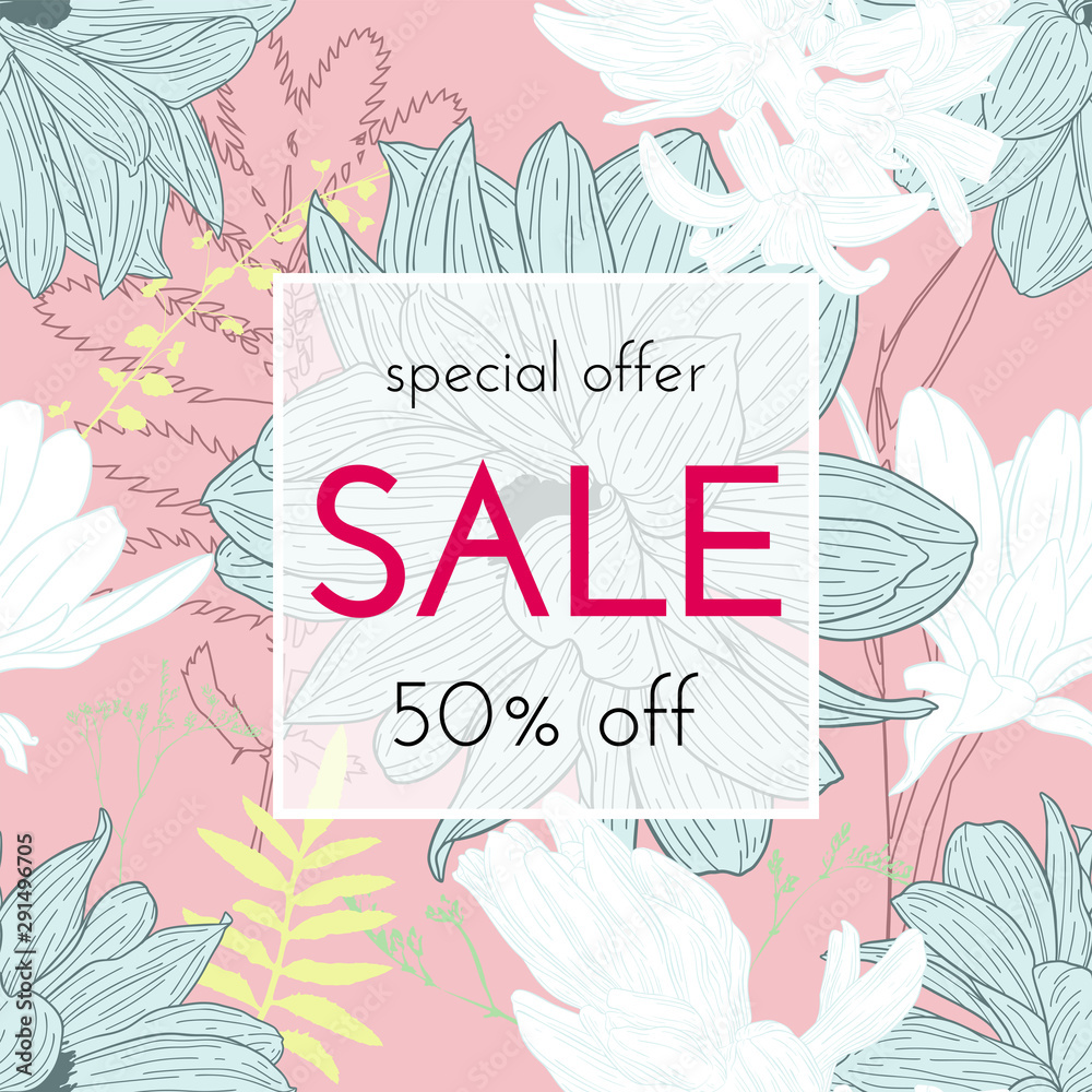Sale floral cards. Plant in blossom, branch with flower ink sketch. Fashion print for a banner, shopping, discount, invitation, social media