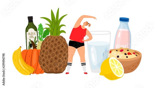 Healthy lifestyle. Fresh food, water with lemon, fruits and gilr vector character