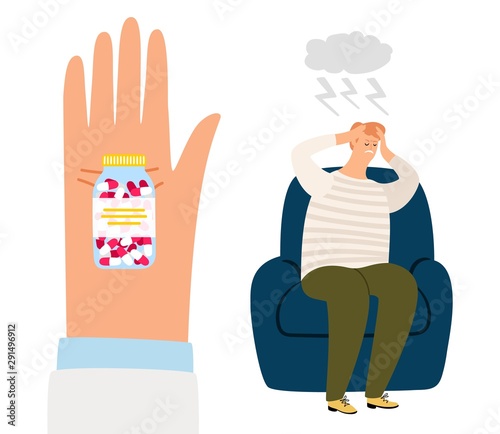 Drugs depression treatment. Headache and pills. Tired, owerworked sad man and medications in palm of doctor vector illustration