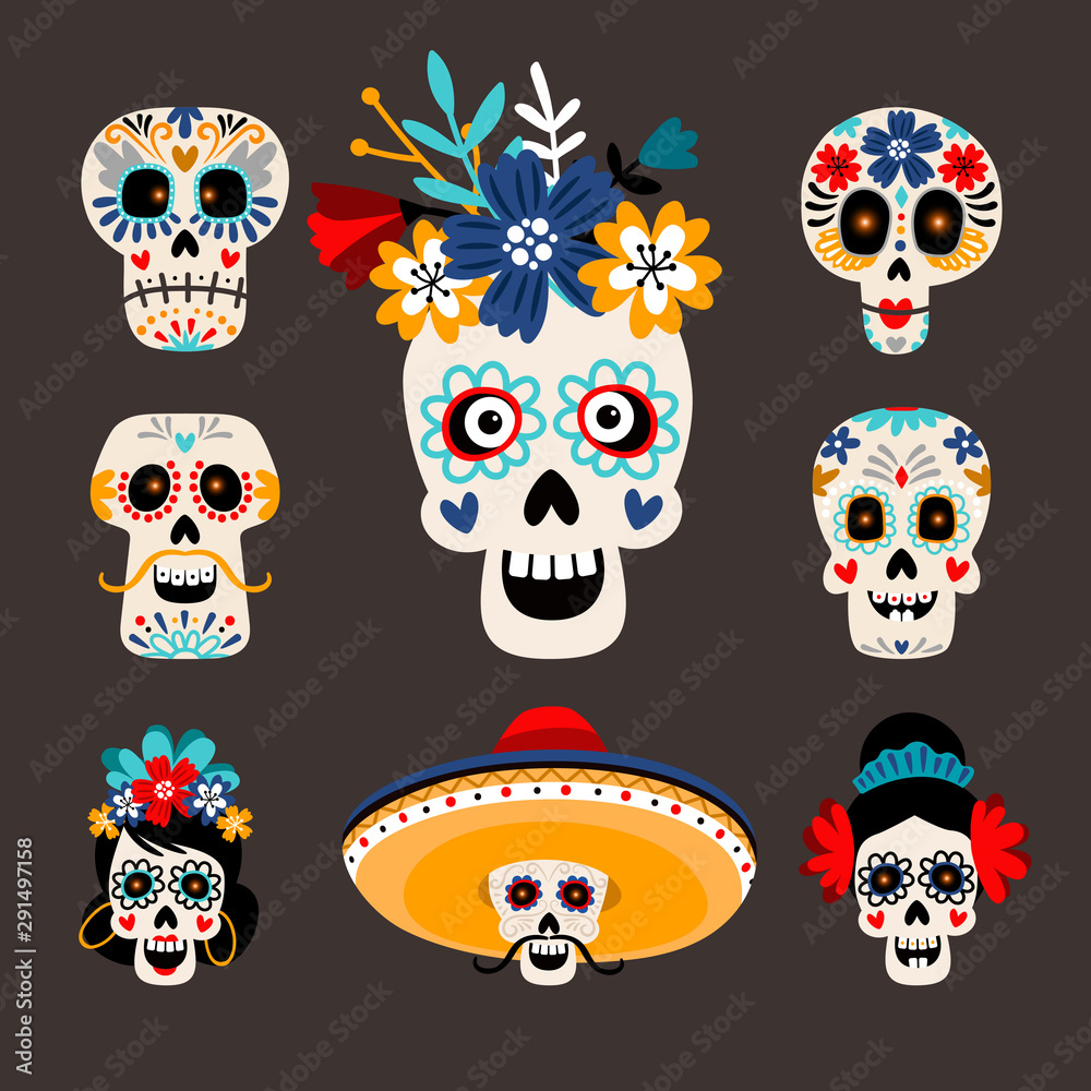 Mexican dead sugar heads. Funny skull images for day of the dead, mexican  dia de los muertos festival, cartoon skeletons head set with happy and  scary faces Stock Vector | Adobe Stock