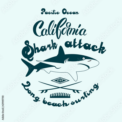 Surfing t-shirt graphic print design. Shark Attack Long Beach stamp. Inscription California.