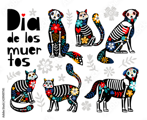 Mexican dead animals. Cats skulls, dogs sugar heads colorful holiday vector illustration for day of the dead, bones skeleton dia de los muertos pets party drawings