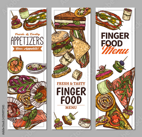 Vertical banners with finger food design. Snacks, appetizers, mini canapes, sandwiches, seafood, hamburger, rolls. Vector illustration in flat style, colorful hand drawn sketch