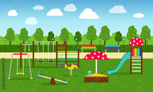 Park playground. Playing garden leisure equipment without kids vector illustration, play and sports kindergarten playgrounds background for children outdoor activity