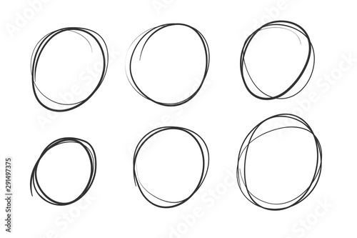Set of vector hand drawn logo circles using sketch drawing scribble circle lines. Doodle emblem design elements for health, treatment, medical, cosmetic. Round icons