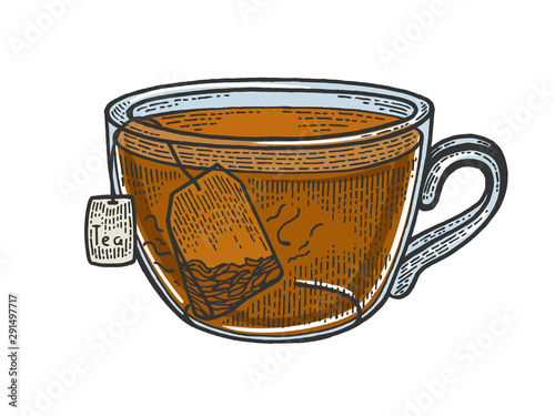 Cup of tea with tea bag sketch engraving vector illustration. Scratch board style imitation. Black and white hand drawn image.