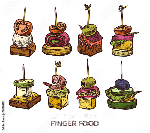 Finger food, set of tiny canape on skewers. Mini sandwiches with croutons, olives, cheese, tomatoes. Restaurant, cafe snack, appetizer. Vector illustration in flat style, hand drawn sketch