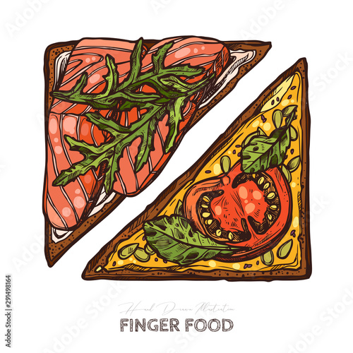 Finger food, triangular sandwiches with salmon, tomato. Sandwiches with spicy butter, cheese, arugula. Restaurant, cafe snack, appetizer. Vector illustration in flat style, hand drawn sketch