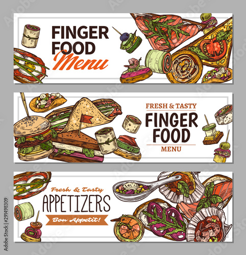 Horizontal banners with finger food design. Snacks, appetizers, mini canapes, sandwiches, seafood, hamburger, rolls. Vector illustration in flat style, colorful hand drawn sketch