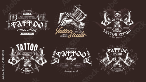 Tattoo emblems, badges and labels collection. Set of tattoo shops and salon logo and sign. Vector hand drawn engraving style