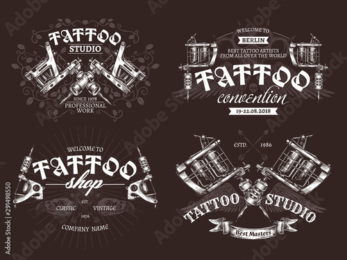 Tattoo emblems, badges and logo collection. Set of tattoo shops and salon labels and sign. Vector hand drawn engraving style