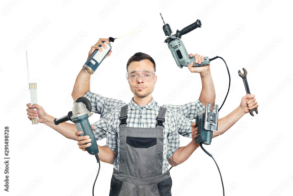 Funny portrait of a craftsman with 6 arms and tools - obrazy, fototapety, plakaty 