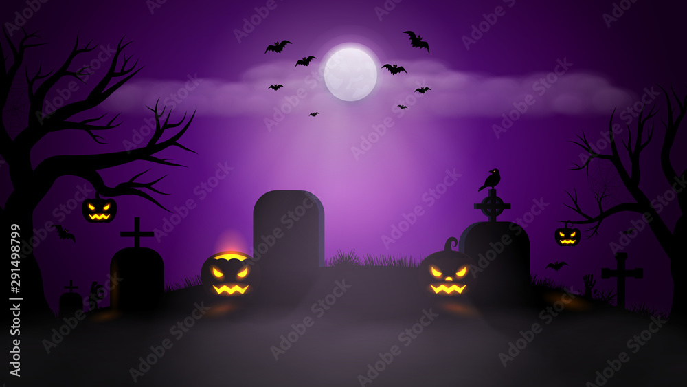 Halloween scary violet background. Foggy landscape with bats, full moon, pumpkins, trees and gravestones on graveyard. Vector illustration template