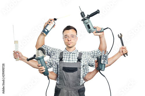 Funny portrait of a craftsman with 6 arms and tools photo