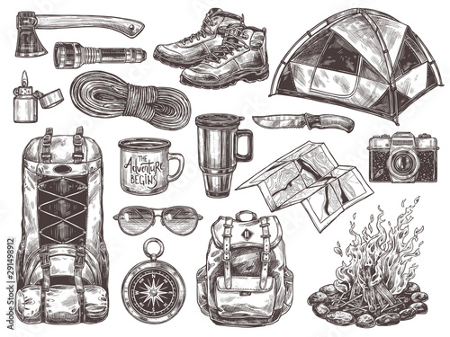 Vector hand drawn set of touristic accessories and equipment for outdoor adventure and camping. Sketch collection of illustrations knife, compass, axe, tent, bonfire, boots, backpack, cups, map