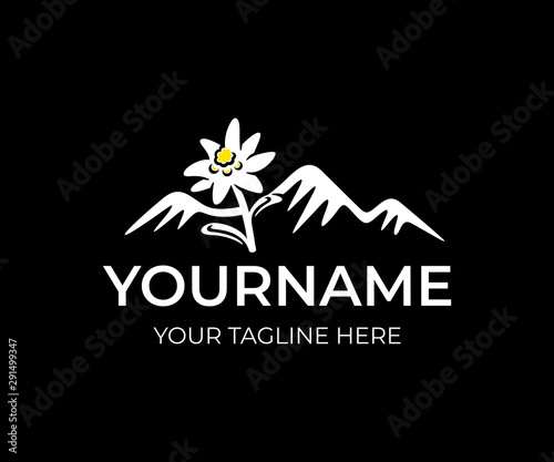 Edelweiss flower and the snowy peaks of the mountains, logo design. Flora, nature, mountaineering and hiking, vector design and illustration