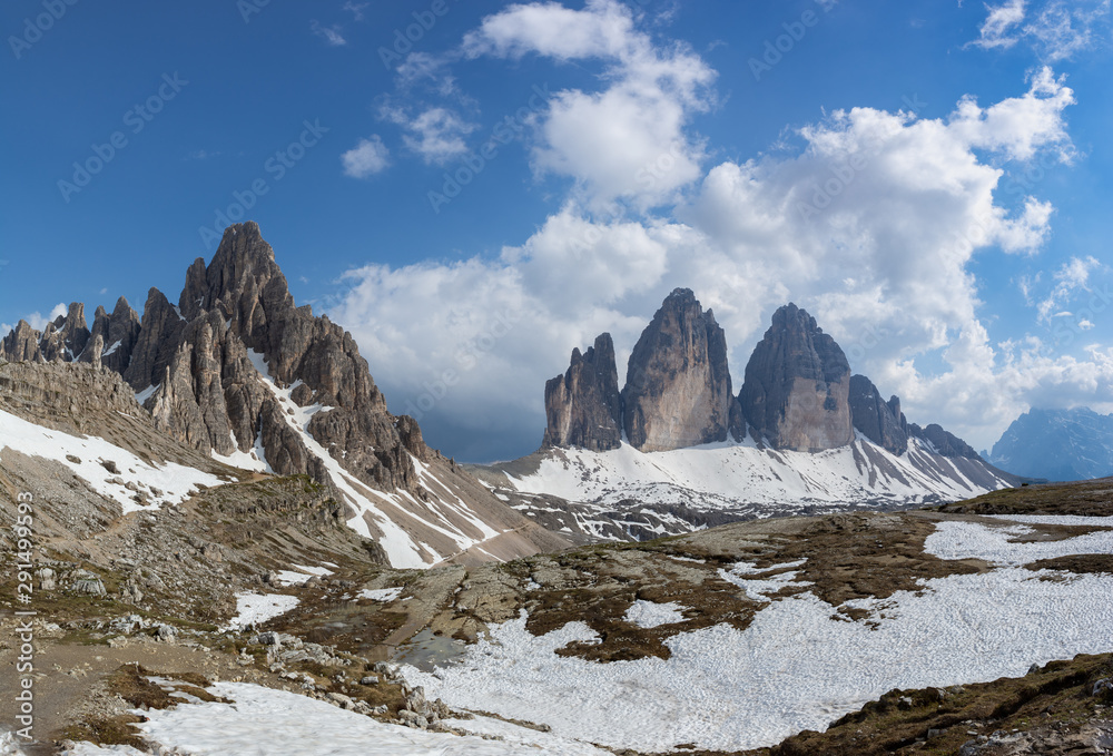 Beautiful panoramic view of Tre Cime and Paterno mountains. Dolomites, Italy