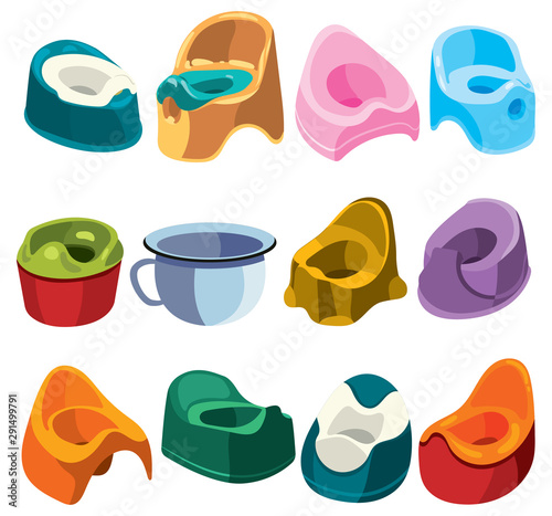 Set of toilets for children. Collection of toilet pots for kids. Vector illustration of a baby pot.