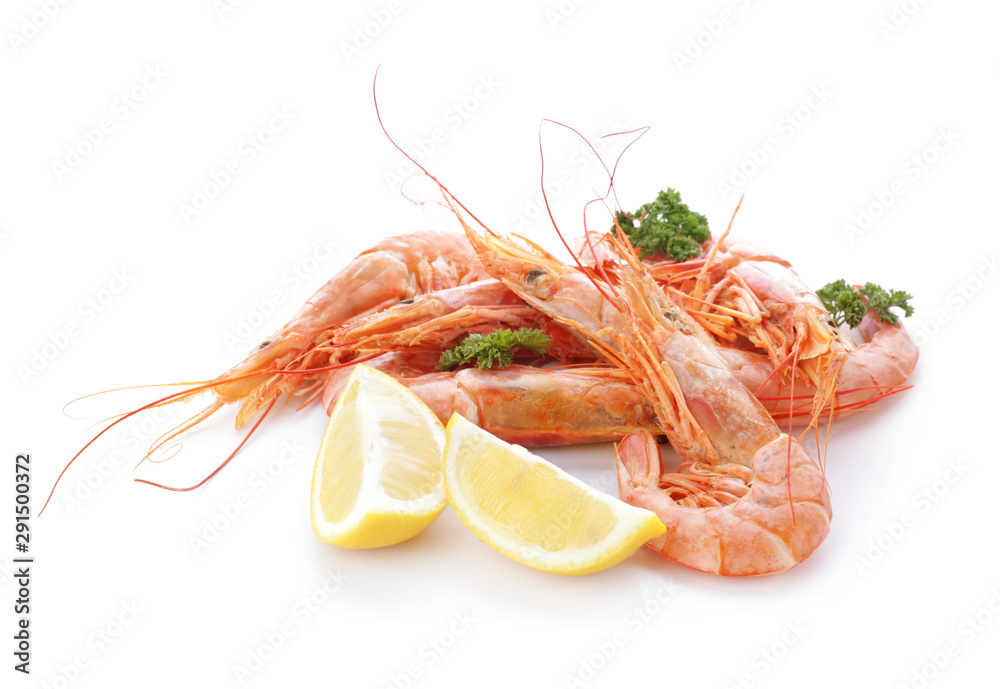 Tasty shrimps on white background Tasty shrimps on white background