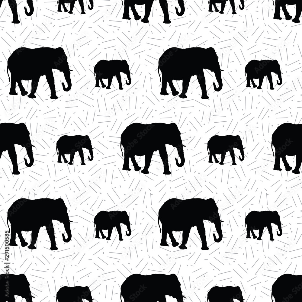 Seamless pattern created from elephant silhouettes with geometrical background. 