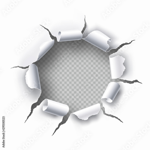 Torn hole with transparent background in the sheet of white paper. Space for text