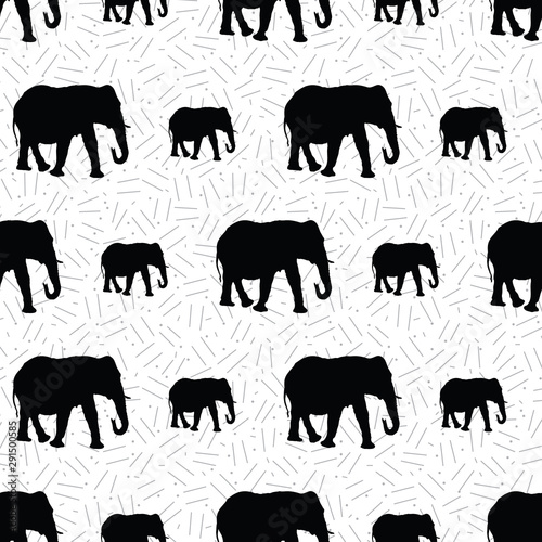 Seamless pattern created from elephant silhouettes with geometrical background. 