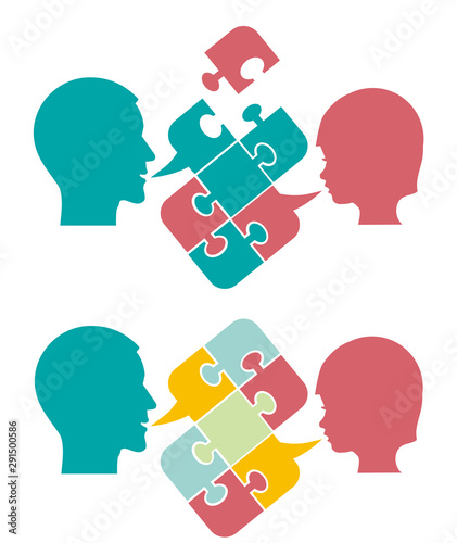  Father and child, understanding and dialog.  Male and child stylized head silhouettes with puzzle speech bubble symbolizing psychological processes of dialogs. Vector available.