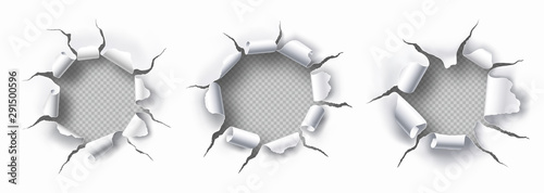 Set of torn holes with transparent background in the sheet of white paper. Place for text