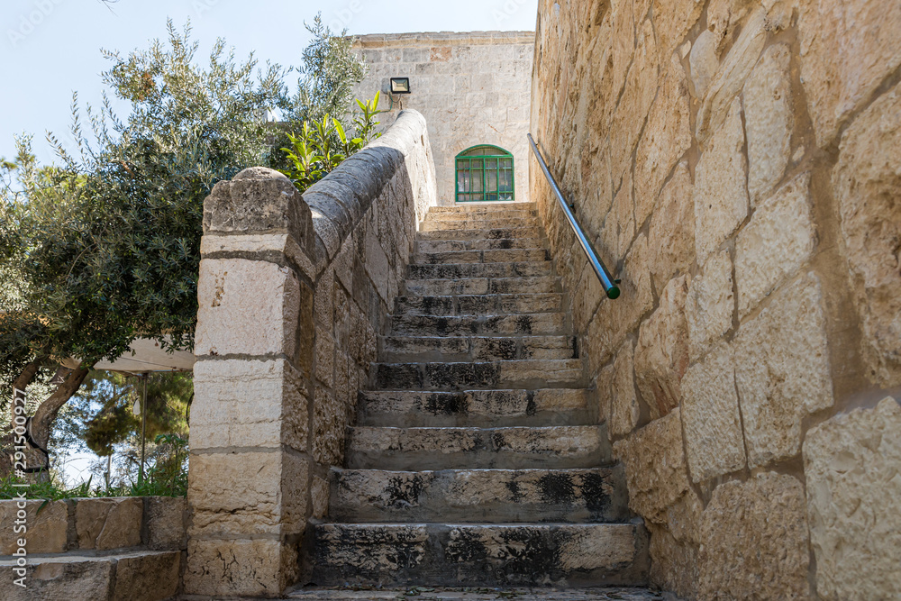 Steps leading from the Dome of the Rock to the garden on the territory of the interior of the Temple Mount in the Old City in Jerusalem, Israel