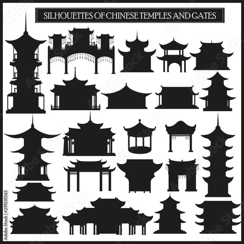 Set of vector silhouettes of Chinese temples, gates and traditional buildings.