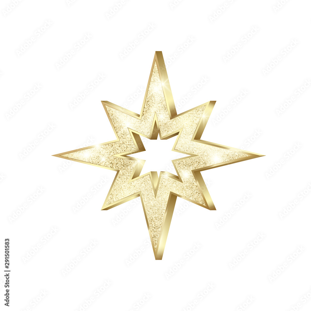 Fototapeta premium Golden star scatter glitters. Gold Star with sparkles. Shiny Christmas decoration. Vector illustration isolated on white background