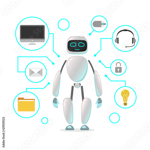 RPA. Funny white robot in different comic situations and moods. Modern technologists of the invention of the future, artificial intelligence. robotics and bots