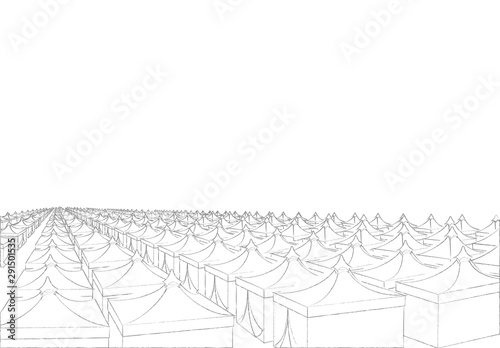 Mina hajj tents in Saudi Arabia for pilgrims. Islamic pilgrimage. Pillar of Islam. Vector drawing pencil illustration