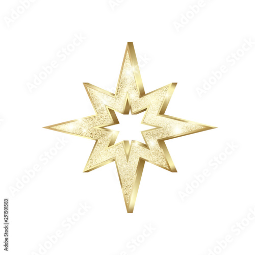 Golden star scatter glitters. Gold Star with sparkles. Shiny Christmas decoration. Vector illustration isolated on white background