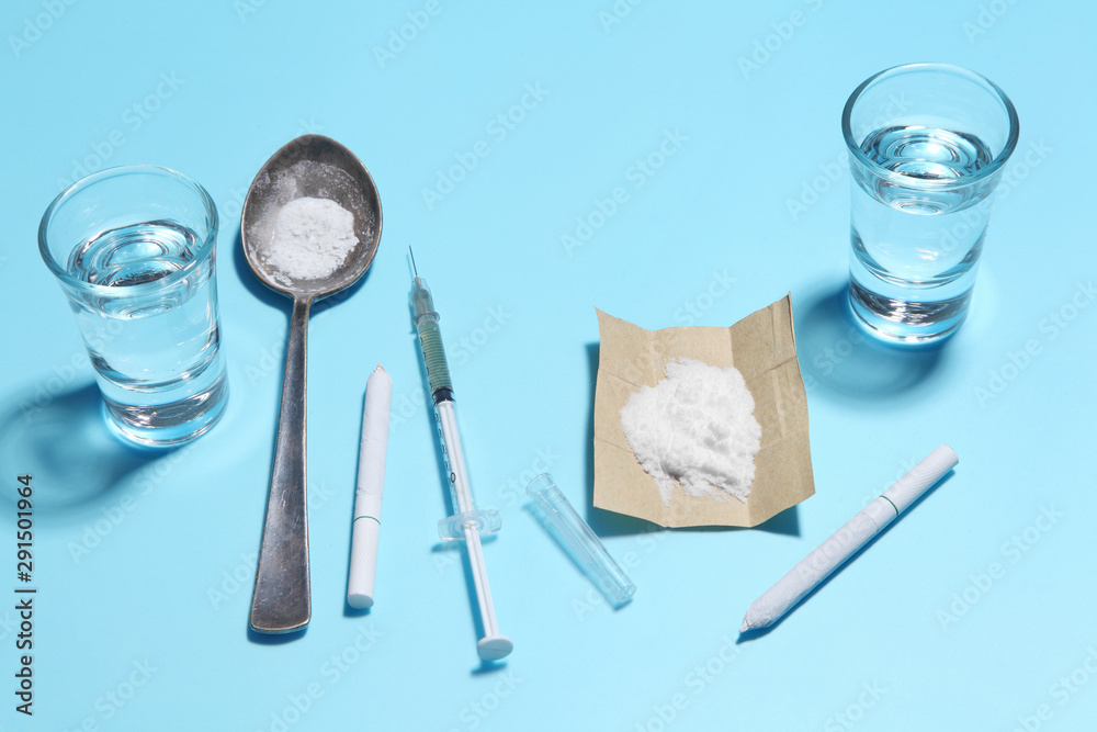 cocaine in paper and equipment on color background with a blank space for a text, Background from cocaine party cocaine in paper and equipment on color background with a blank space for a text, Background from cocaine party