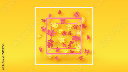 Colorful maple leaves design floating around inside square frame. Graphic design for Autumn. paper cut and craft style. vector, illustration.