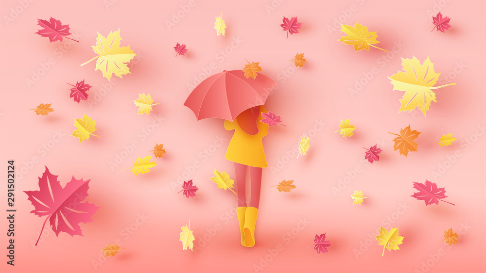 Falling maple leaves with a beautiful girl walking with an umbrella in Autumn season. paper cut and craft style. vector, illustration.