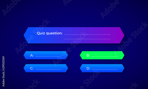 Design of quiz in blue color. Question and four answer option. Correct answer is green. Vector illustration