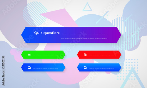 Design of quiz in blue color. Question and four answer option. Correct answer is green. Wrong answer is red. Vector illustration isolated on geometric shapes background