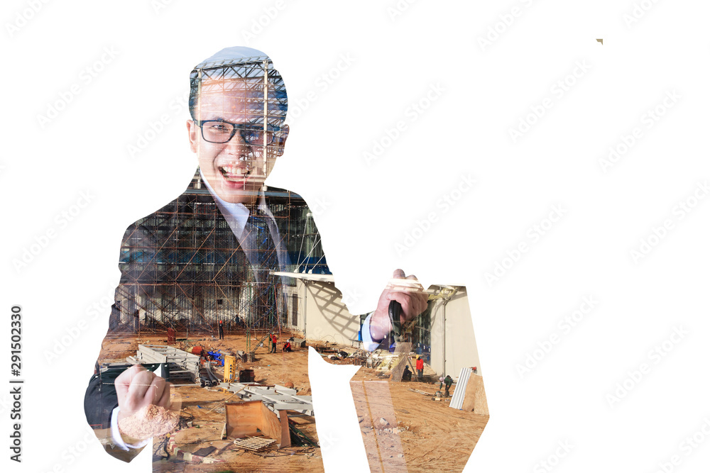Double exposure of Businessman and construct site Double exposure of Businessman and construct site