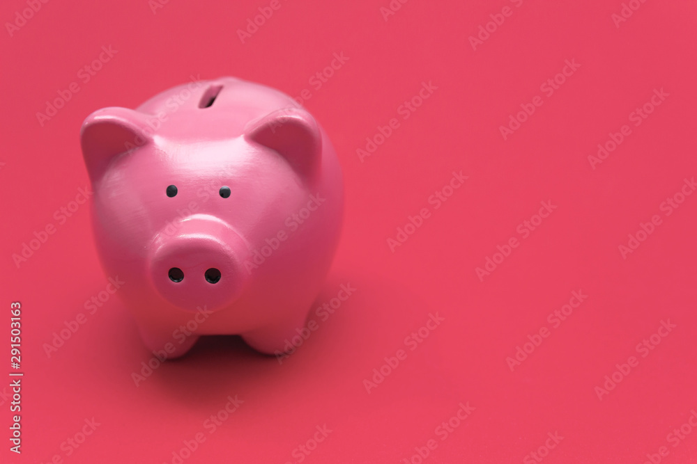 Piggy bank on a red-pink background. Free space for an inscription.