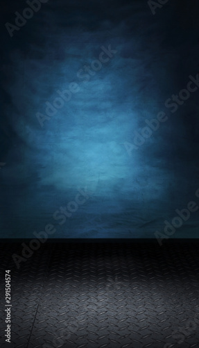 Dark blue backdrop with metallic floor ready for a product packshot or model photoshoot