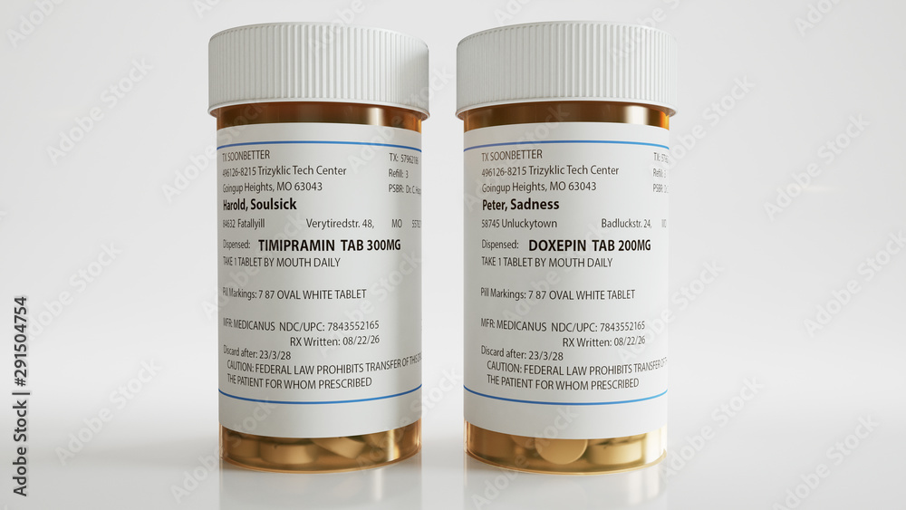 Tabletten in einer Dose gegen Depressionen - Konzept von Antidepressiva  Medikamenten - fiktive Namen und Adressen - 3D Rendering Stock-Illustration  | Adobe Stock