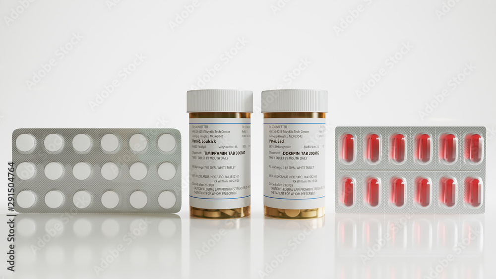  Tabletten in einer Dose und Kapseln gegen Depressionen - Konzept von Antidepressiva und von Heilung - fiktive Namen und Adressen - 3D Rendering 