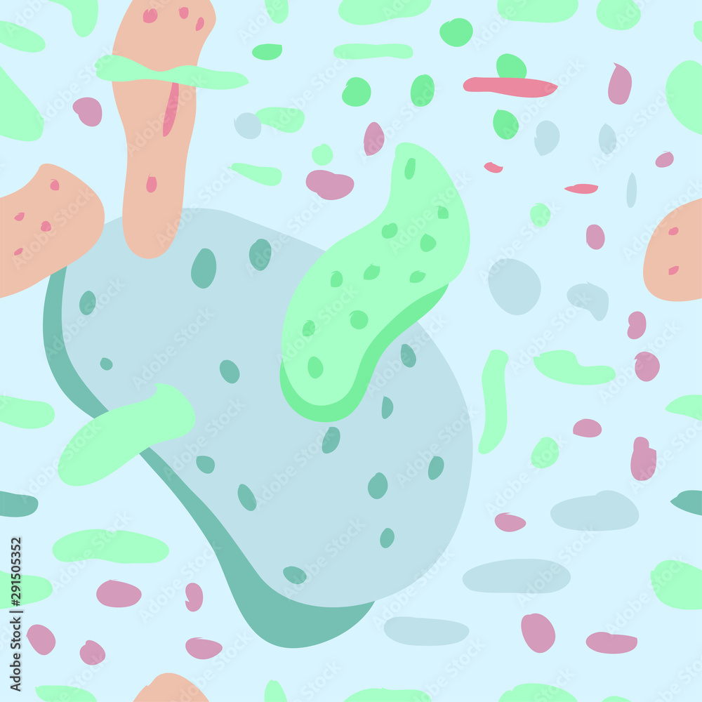 Vector seamless abstract doodle pattern. Pastel colors. Blue, green, purple and pink shapes on green background and polka dots. 