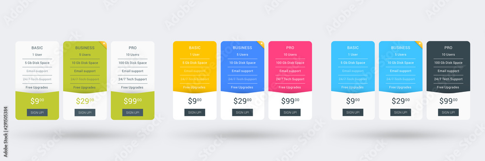Pricing table design template for websites and applications. Set of three different color variations. Vector pricing plans. Flat style vector illustration Pricing table design template for websites and applications. Set of three different color variations. Vector pricing plans. Flat style vector illustration