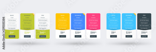 Pricing table design template for websites and applications. Set of three different color variations. Vector pricing plans. Flat style vector illustration