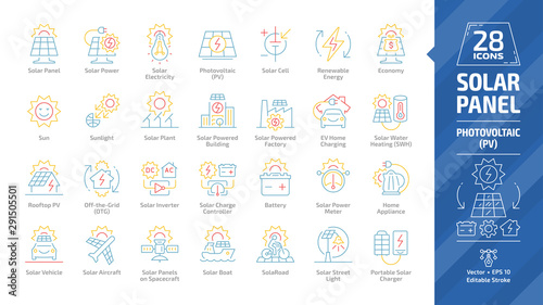 Solar panel color outline icon set with sun power photovoltaic (PV) home system and renewable electric energy tech editable stroke line signs: charge controller, battery, meter, appliance, vehicle.