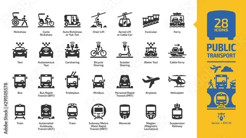 Public transport icon set with urban, inter city & international passenger vehicles glyph symbols: bus, car, train, air plane, ferry boat, bicycle sharing, metro or subway, motor taxi and rickshaw.